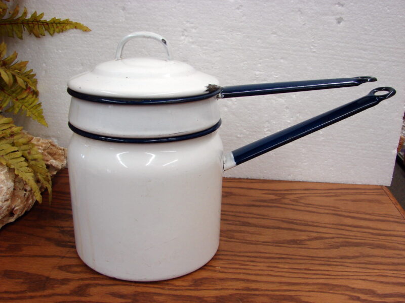 Vintage White Enamelware Royal Blue Trim Double Boiler Sauce Pans, Moose-R-Us.Com Antiques Collectibles Log Cabin Decor