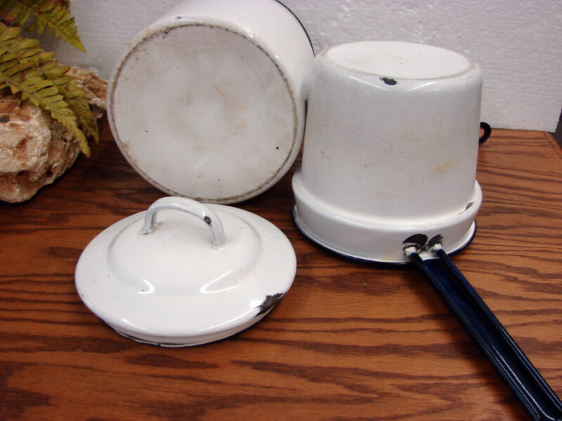 Vintage White Enamelware Royal Blue Trim Double Boiler Sauce Pans, Moose-R-Us.Com Antiques Collectibles Log Cabin Decor