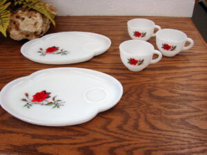 Vintage Federal Glass Red Rose Rosecrest Milk Glass Snack Set Cup or Plate
