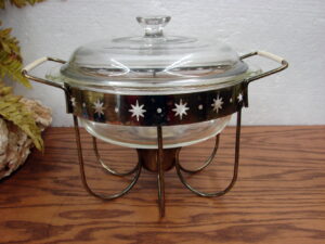 Vintage Clear Fire King Divided Casserole with Lid Atomic Star Warming Stand