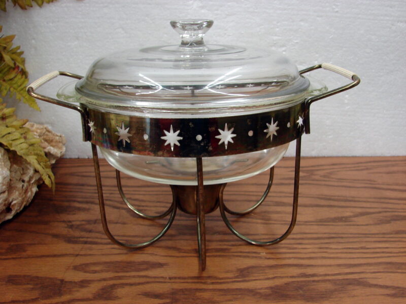 Vintage Clear Fire King Divided Casserole with Lid Atomic Star Warming Stand, Moose-R-Us.Com Antiques Collectibles Log Cabin Decor