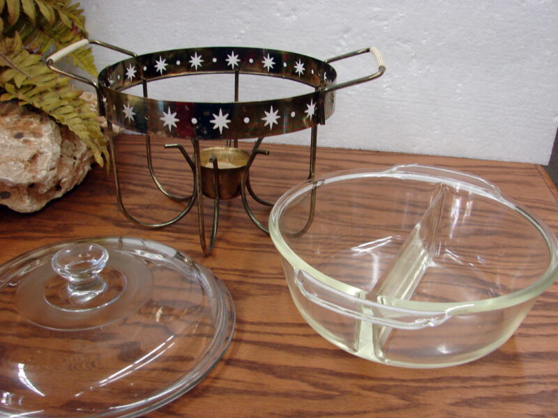 Vintage Clear Fire King Divided Casserole with Lid Atomic Star Warming Stand, Moose-R-Us.Com Antiques Collectibles Log Cabin Decor