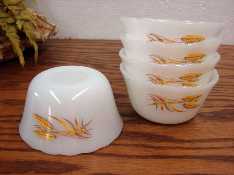 Set/5 Vintage Fire King Milk Glass Golden Wheat Custard Cups, Moose-R-Us.Com Antiques Collectibles Log Cabin Decor