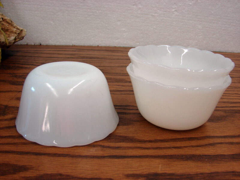 Set/3 Vintage Fire King Anchor Hocking Milk Glass Custard Cups, Moose-R-Us.Com Antiques Collectibles Log Cabin Decor