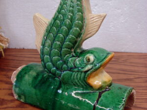 Early 20th Century Antique Chinese Glazed Clay Ceramic Koi Fish Roof Tile