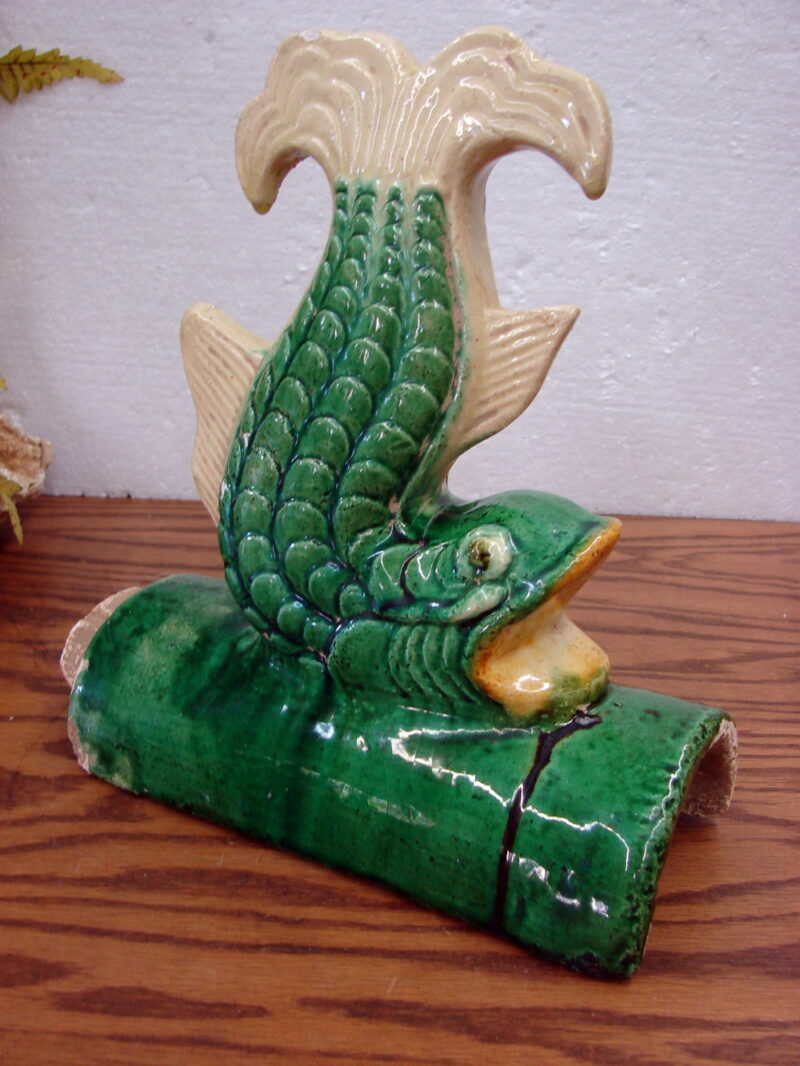 Early 20th Century Antique Chinese Glazed Clay Ceramic Koi Fish Roof Tile, Moose-R-Us.Com Antiques Collectibles Log Cabin Decor