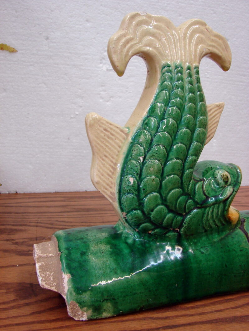 Early 20th Century Antique Chinese Glazed Clay Ceramic Koi Fish Roof Tile, Moose-R-Us.Com Antiques Collectibles Log Cabin Decor