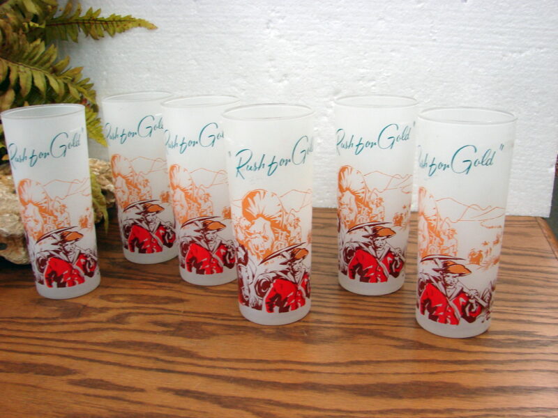 Set/6 Vintage Federal Glass Frosted Ice Tea Glasses Rush for Gold Wagon Train, Moose-R-Us.Com Antiques Collectibles Log Cabin Decor
