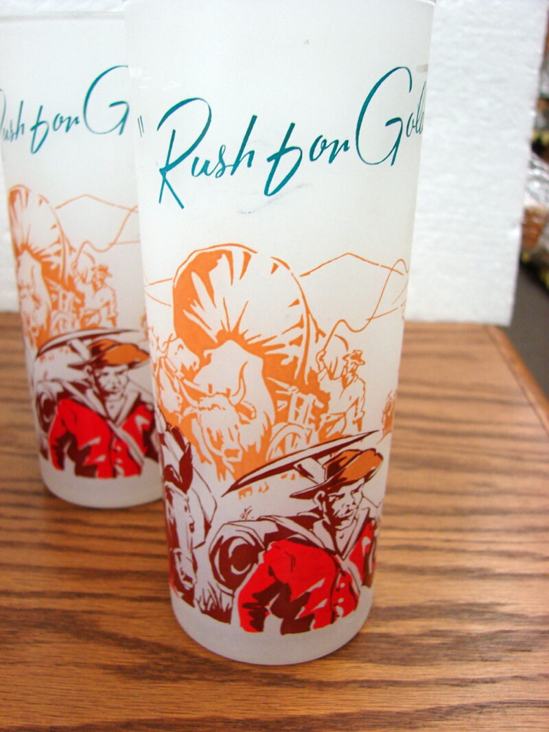 Set/6 Vintage Federal Glass Frosted Ice Tea Glasses Rush for Gold Wagon Train, Moose-R-Us.Com Antiques Collectibles Log Cabin Decor