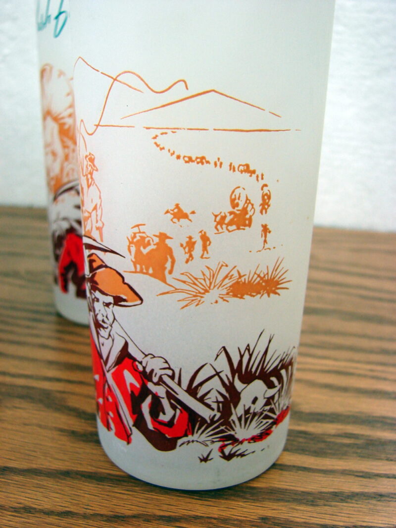 Set/6 Vintage Federal Glass Frosted Ice Tea Glasses Rush for Gold Wagon Train, Moose-R-Us.Com Antiques Collectibles Log Cabin Decor