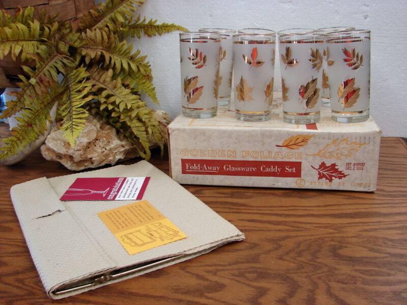 Brand New Vintage Libbey Golden Foliage Set/8 Tumbler Glasses Carrier Caddy Box, Moose-R-Us.Com Antiques Collectibles Log Cabin Decor