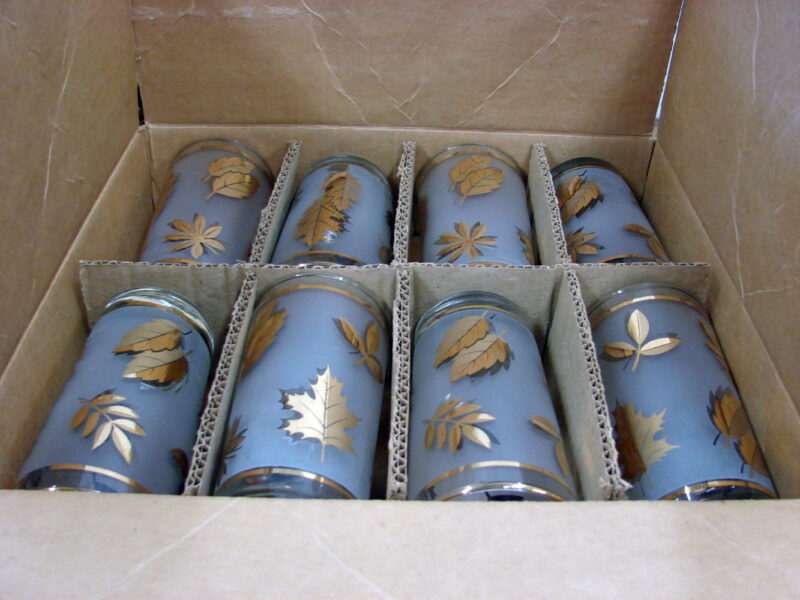 Brand New Vintage Libbey Golden Foliage Set/8 Tumbler Glasses Carrier Caddy Box, Moose-R-Us.Com Antiques Collectibles Log Cabin Decor