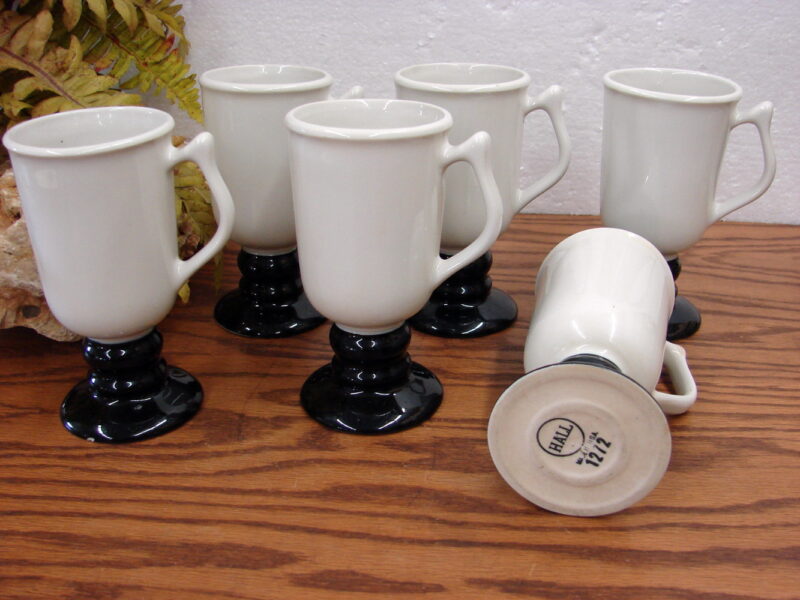 Set/6 Vintage Hall China Irish Coffee Mugs Black White Pedestal, Moose-R-Us.Com Antiques Collectibles Log Cabin Decor