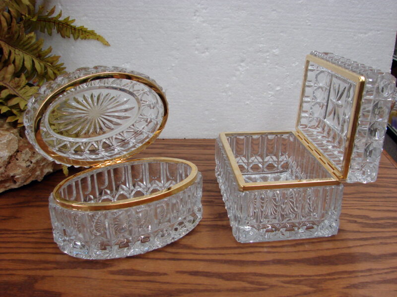 Handcut 24 pbo Lead Crystal Glass Brass Hinged Lid Jewelry Box Rectangular Slovakia, Moose-R-Us.Com Antiques Collectibles Log Cabin Decor