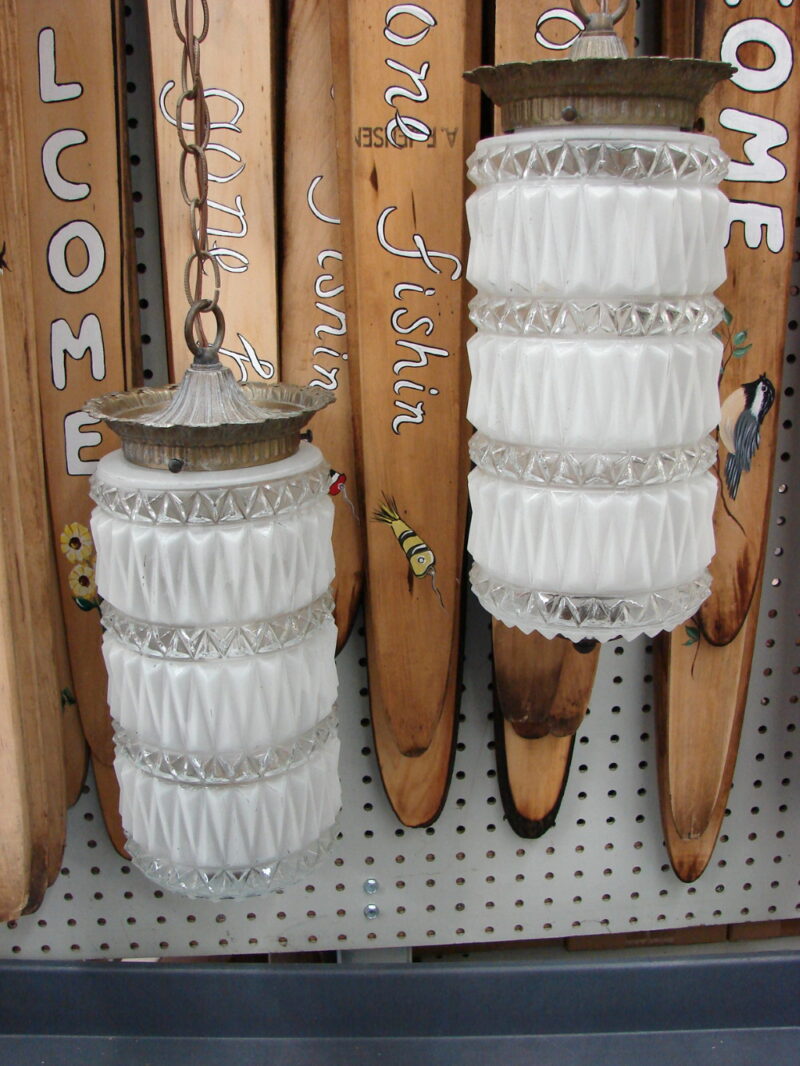 Set/2 Vintage MCM Hollywood Regency Deco Hanging Clear &#038; Frosted Swag Lamps Tested, Moose-R-Us.Com Antiques Collectibles Log Cabin Decor