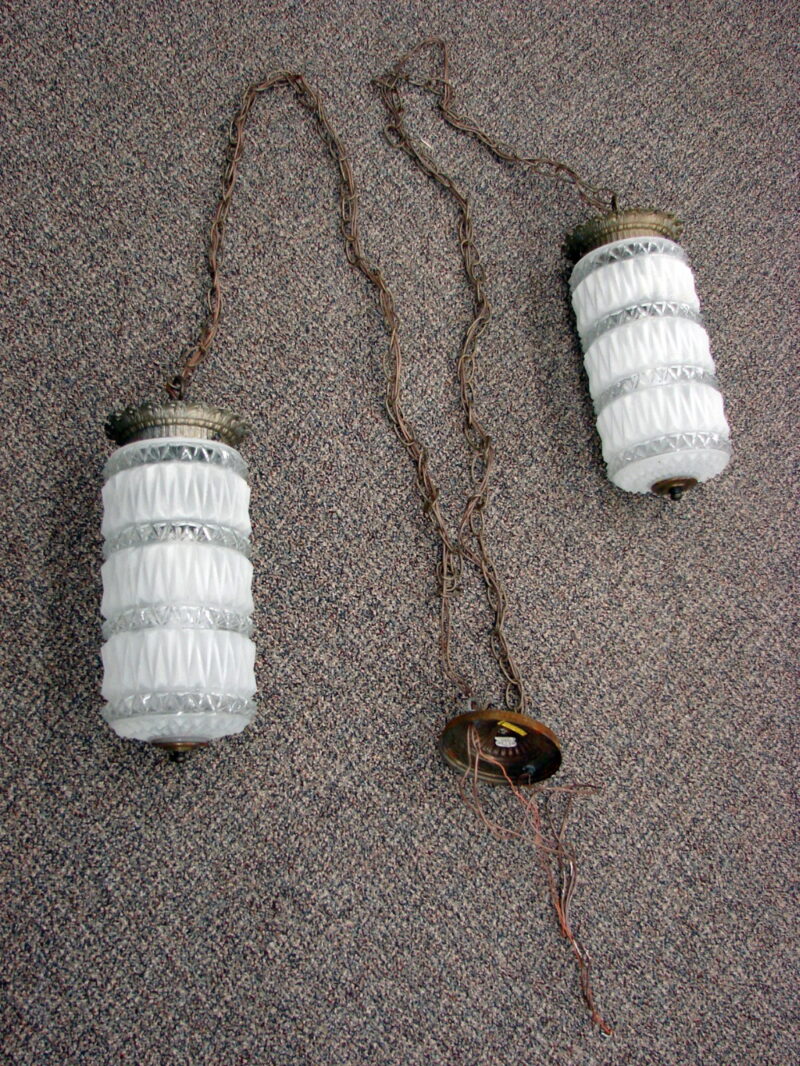 Set/2 Vintage MCM Hollywood Regency Deco Hanging Clear &#038; Frosted Swag Lamps Tested, Moose-R-Us.Com Antiques Collectibles Log Cabin Decor
