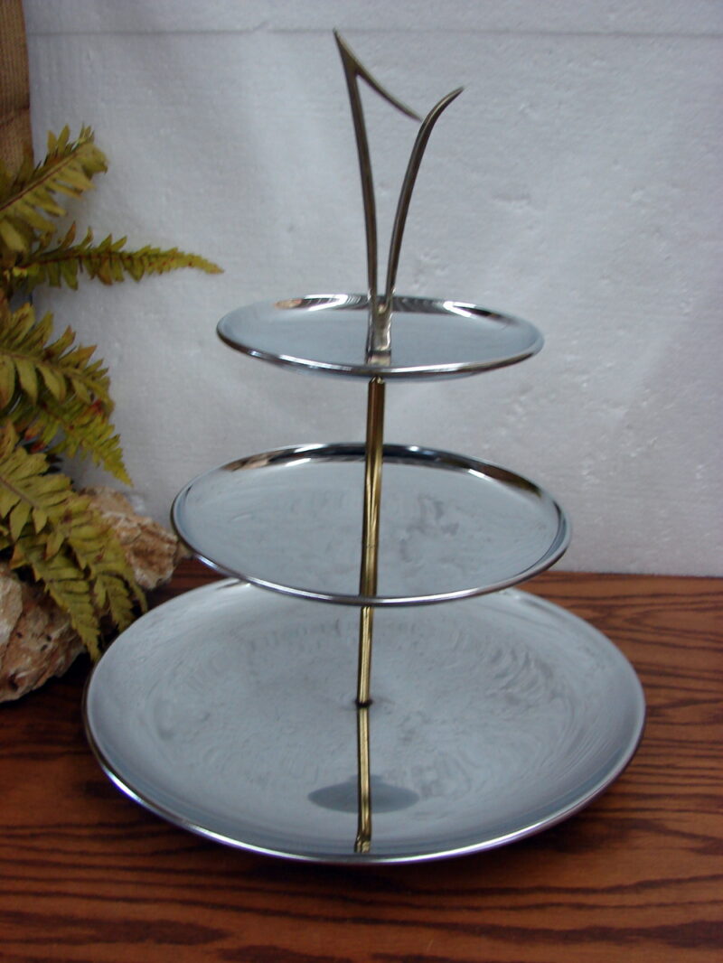 Vintage Kromex Mide Century Modern  Chrome 3 Tier Tidbit Appetizer Tray w/ Finial, Moose-R-Us.Com Antiques Collectibles Log Cabin Decor