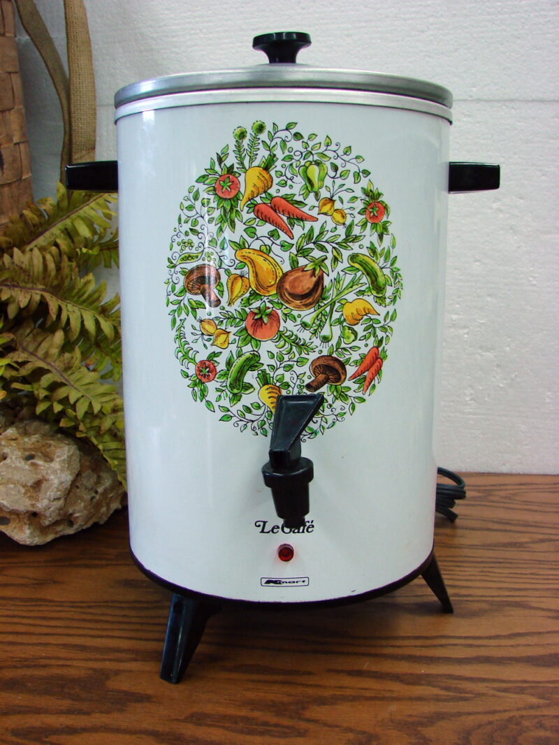 Vintage MCM Le Cafe Spice of Life Coffee Percolator Kmart 30 Cup, Moose-R-Us.Com Antiques Collectibles Log Cabin Decor