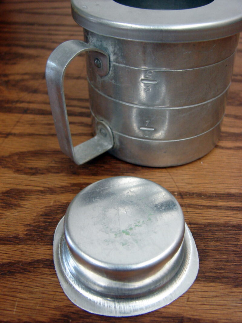 Vintage MCM Very Unique Aluminum Measuring One Cup Shaker w/ Lid Scoop, Moose-R-Us.Com Antiques Collectibles Log Cabin Decor