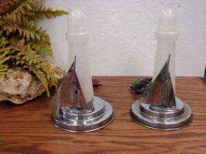 Set/2 Vintage Art Deco Chrome Glass Sailboat Lighthouse Boudoir Lamps Tested