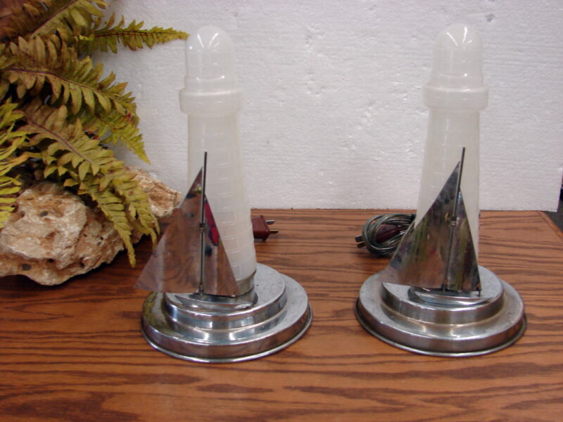 Set/2 Vintage Art Deco Chrome Glass Sailboat Lighthouse Boudoir Lamps Tested, Moose-R-Us.Com Antiques Collectibles Log Cabin Decor