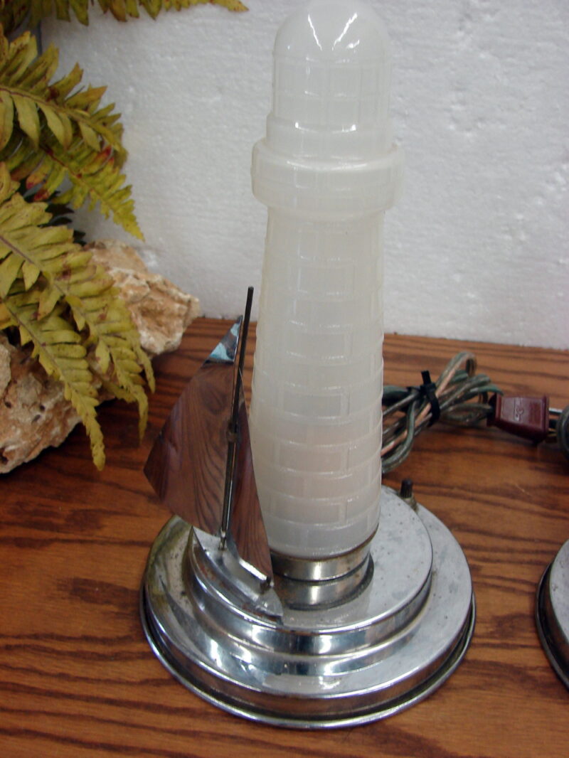 Set/2 Vintage Art Deco Chrome Glass Sailboat Lighthouse Boudoir Lamps Tested, Moose-R-Us.Com Antiques Collectibles Log Cabin Decor