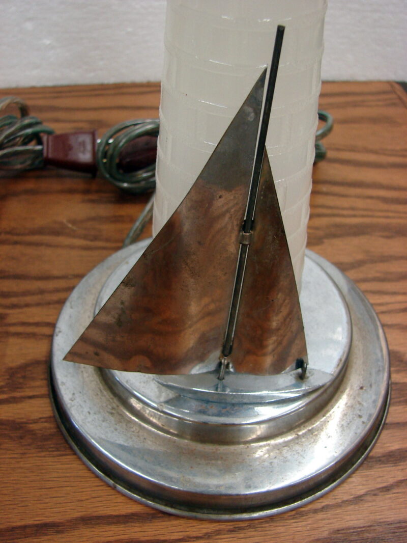 Set/2 Vintage Art Deco Chrome Glass Sailboat Lighthouse Boudoir Lamps Tested, Moose-R-Us.Com Antiques Collectibles Log Cabin Decor
