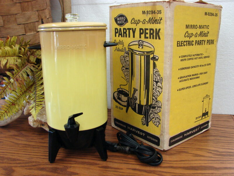 Vintage Mirro-Matic Party Perk Gold Fade 22 Cup Automatic Electric Coffee Percolator Box, Moose-R-Us.Com Antiques Collectibles Log Cabin Decor