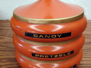 Vintage Atomic Orange Metal Pagoda Stackable 3 Tier Snack Canister w/ Lid