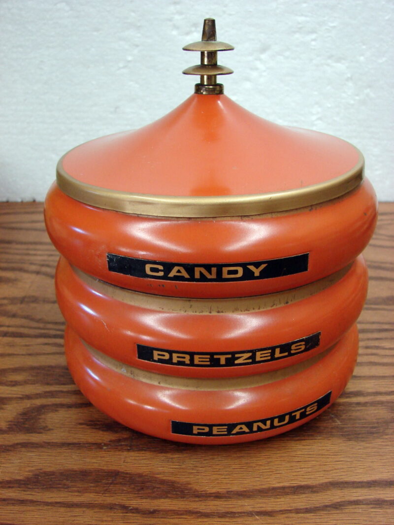 Vintage Atomic Orange Metal Pagoda Stackable 3 Tier Snack Canister w/ Lid, Moose-R-Us.Com Antiques Collectibles Log Cabin Decor
