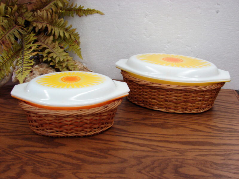 Set/2 Vintage PYREX Yellow Daisy Sunflower w/ Serving Basket #043 #045, Moose-R-Us.Com Antiques Collectibles Log Cabin Decor