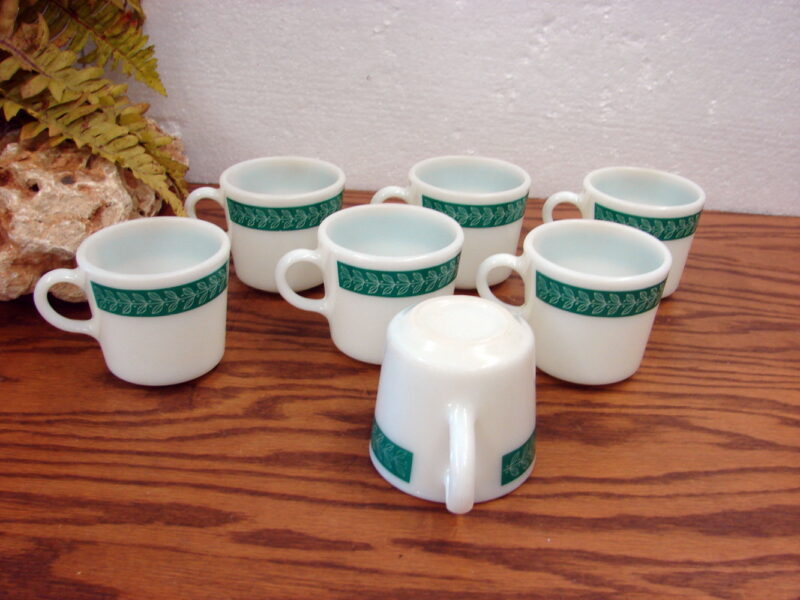 Set/7 Vintage PYREX Green Laurel Leaf Stripe Coffee Tea Cups Mugs, Moose-R-Us.Com Antiques Collectibles Log Cabin Decor