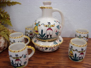 8 pc Hand Painted Pottery Quimper France Folk Art Ewer Stopper Warmer Mugs Set