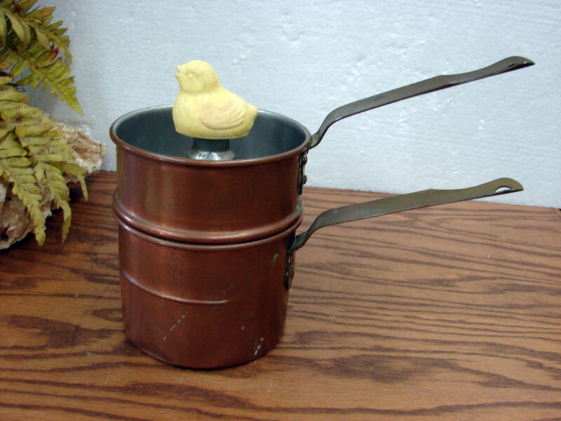 Complete 1930&#8217;s Revere Ware Solid Copper Whistling Chicken Double Boiler Egg Cooker, Moose-R-Us.Com Antiques Collectibles Log Cabin Decor