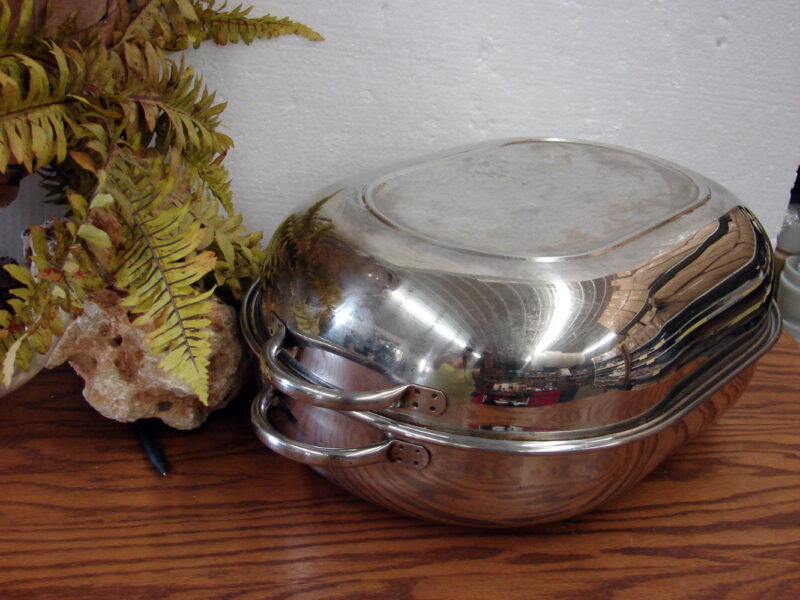 Revere Ware Turkey Roaster Roasting Pan w/ Rack Dome Lid Stainless Steel Chrome, Moose-R-Us.Com Antiques Collectibles Log Cabin Decor