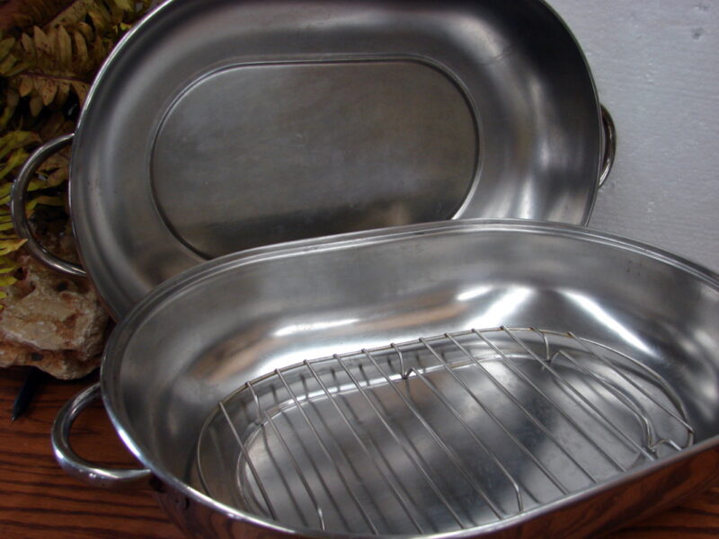 Revere Ware Turkey Roaster Roasting Pan w/ Rack Dome Lid Stainless Steel Chrome, Moose-R-Us.Com Antiques Collectibles Log Cabin Decor