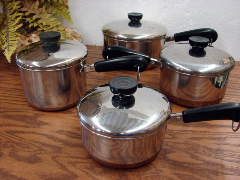 Vintage Copper Bottom Revere Ware 8 Piece Set 4 Sauce Pans w/ Lids, Moose-R-Us.Com Antiques Collectibles Log Cabin Decor