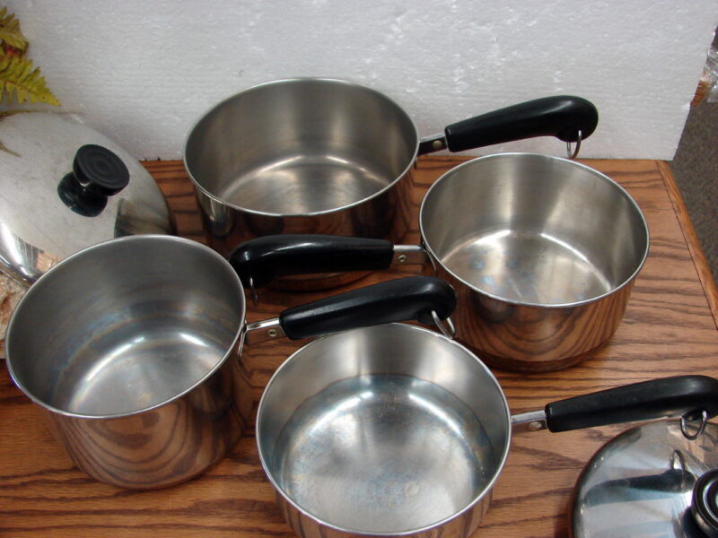 Vintage Copper Bottom Revere Ware 8 Piece Set 4 Sauce Pans w/ Lids, Moose-R-Us.Com Antiques Collectibles Log Cabin Decor