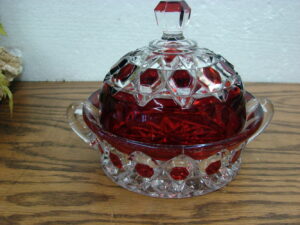 Vintage US Glass Red Block Ruby Flash Cheese Dish w/ Lid Double Handled