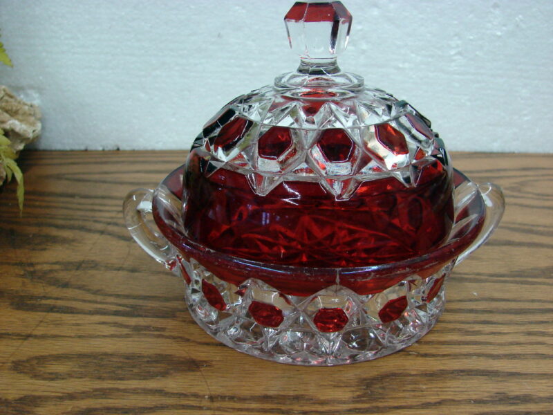 Vintage US Glass Red Block Ruby Flash Cheese Dish w/ Lid Double Handled, Moose-R-Us.Com Antiques Collectibles Log Cabin Decor