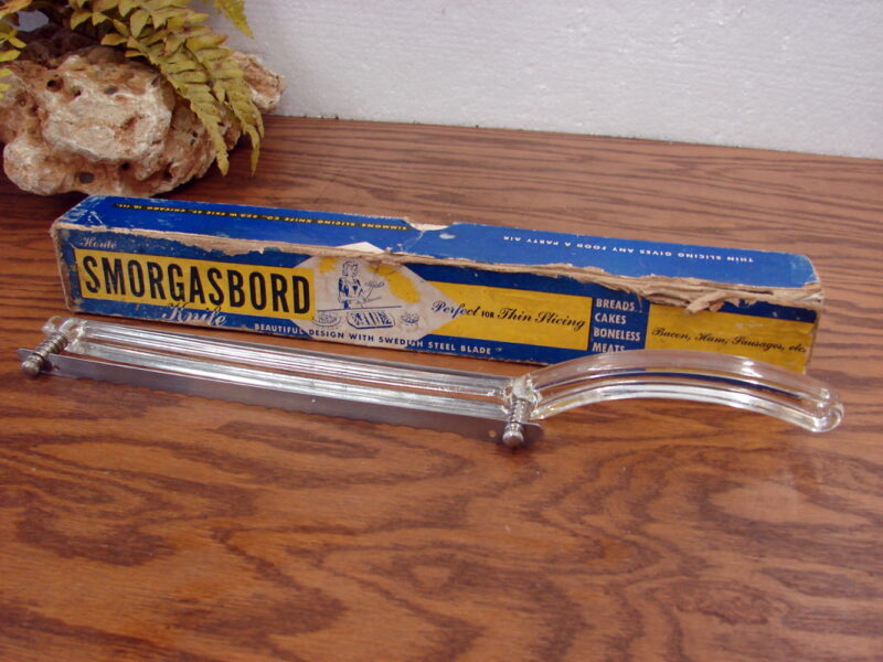 Vintage Sweden Lucite Smorgasbord Fiddle Bow Adjustable Blade Bread Knife w/ Box, Moose-R-Us.Com Antiques Collectibles Log Cabin Decor