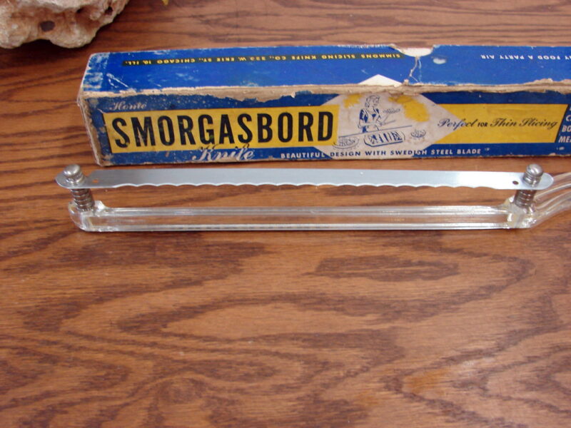Vintage Sweden Lucite Smorgasbord Fiddle Bow Adjustable Blade Bread Knife w/ Box, Moose-R-Us.Com Antiques Collectibles Log Cabin Decor