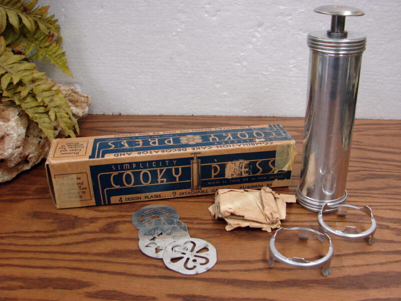 Vintage 1920&#8217;s Simplicity Aluminum Cooky Press w/ Box Adjustable Plunge Cookie Maker, Moose-R-Us.Com Antiques Collectibles Log Cabin Decor