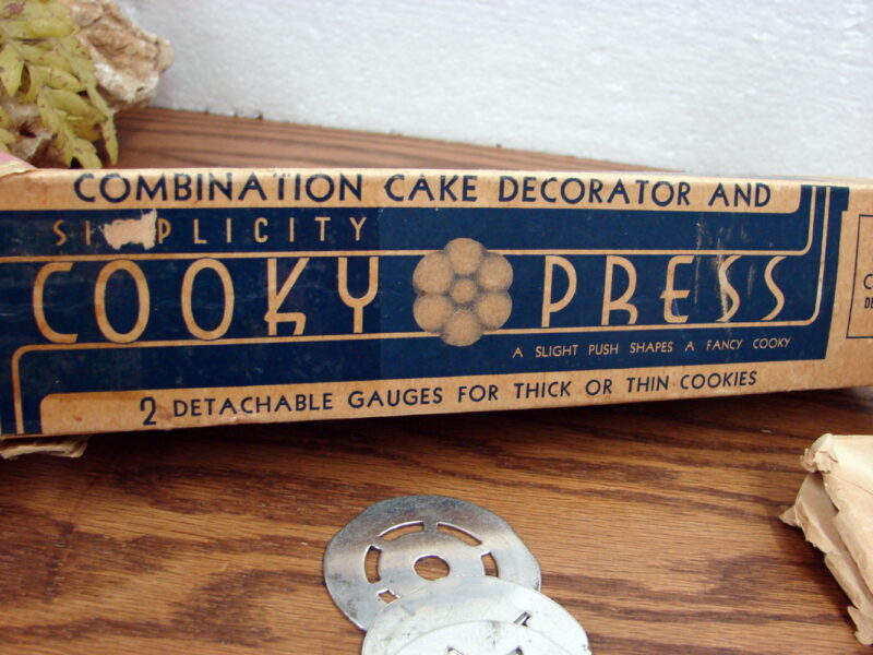 Vintage 1920&#8217;s Simplicity Aluminum Cooky Press w/ Box Adjustable Plunge Cookie Maker, Moose-R-Us.Com Antiques Collectibles Log Cabin Decor