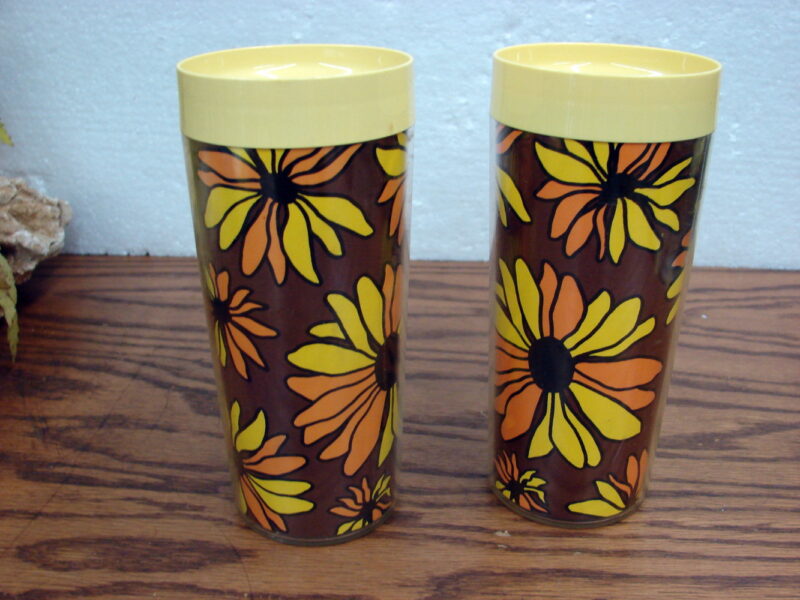 Set/2 Thermo-Serv West Bend Mod Brown Daisy Insulated Ice Tea Glasses, Moose-R-Us.Com Antiques Collectibles Log Cabin Decor