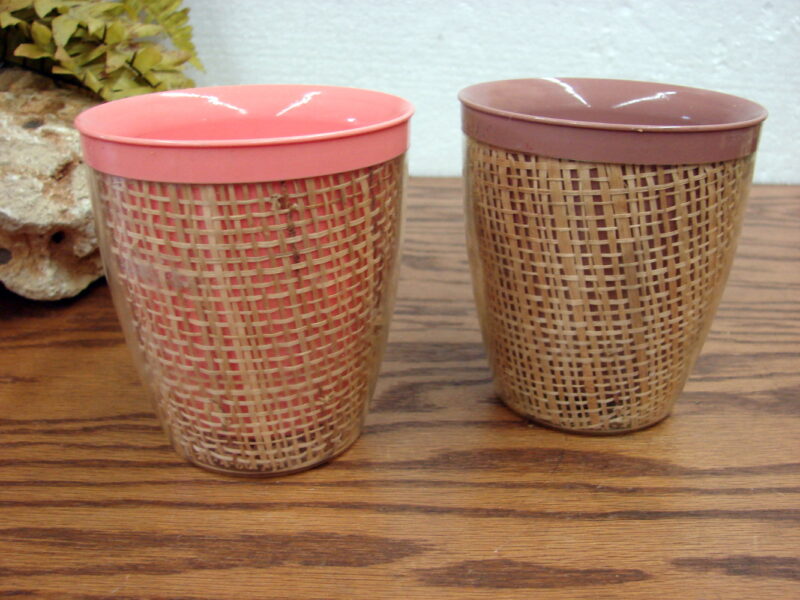 Set/2 Vintage MCM Insulated Burlap RaffiaWare Tumbler Glass BoHo, Moose-R-Us.Com Antiques Collectibles Log Cabin Decor