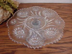 Vintage Small Clear Glass Crown Crystal Dandelion Swirl Pedestal Cake Stand Display