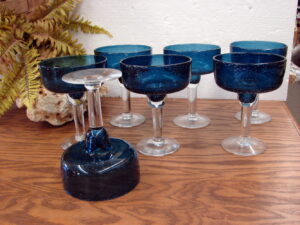 Set/7 Vintage Blown Glass Bubbles Navy Clear Margarita Glasses Mexico Pier I