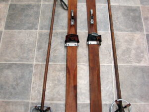 Vintage Wood Childs Skis Bamboo Basket Poles Ski Lodge Decor