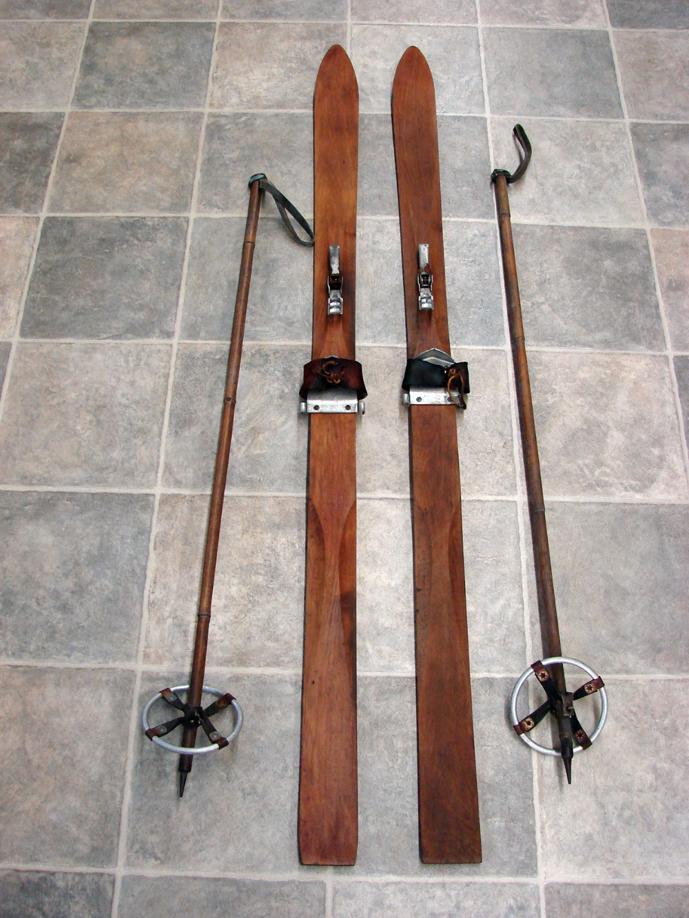 Vintage Wood Childs Skis Bamboo Basket Poles Ski Lodge Decor